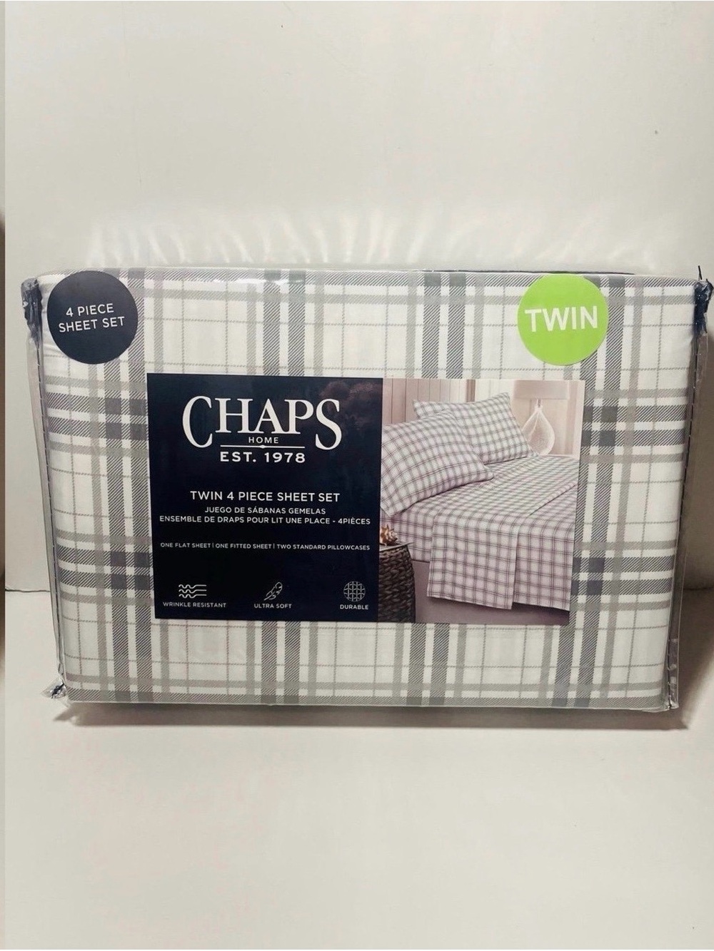 Chaps Twin Size 4 Piece Sheet Set Gray and White Plaid